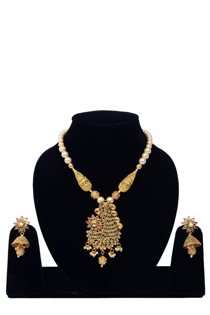 Namokriti Traditional Gold-Toned Pearl Necklace Set with Floral Peacock Pendant & Jhumka Earrings – Festive Elegance